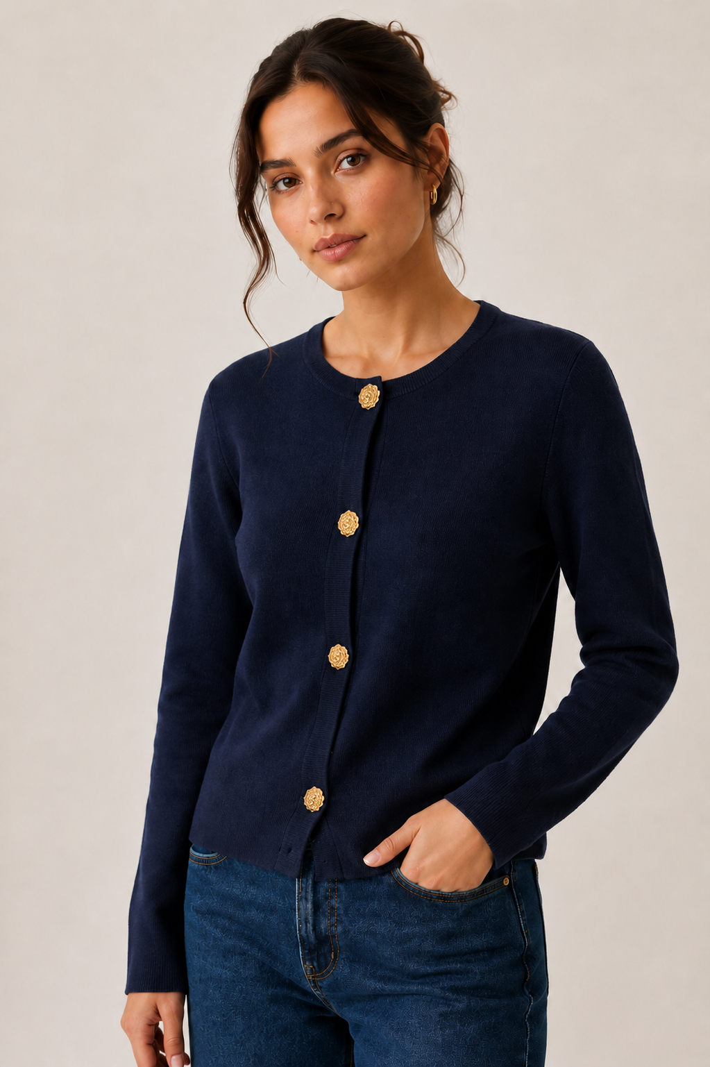 Cardigan in Maglia Morbida · Blu Navy con Bottoni Dorati