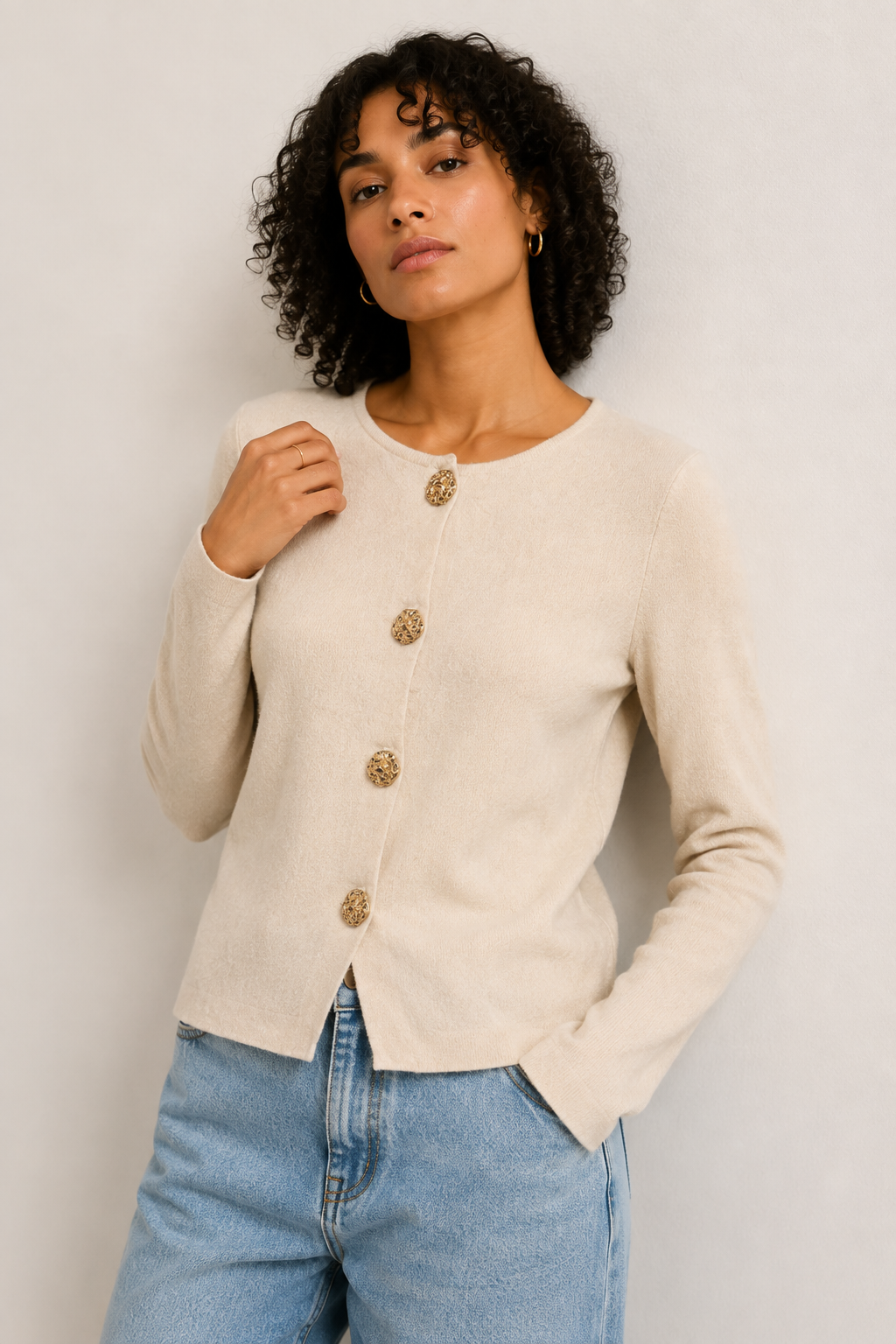 Cardigan in Maglia Morbida · Beige Naturale con Bottoni Dorati