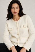 Cardigan in Maglia Arricciata · Bianco Luminoso con Profili Dorati