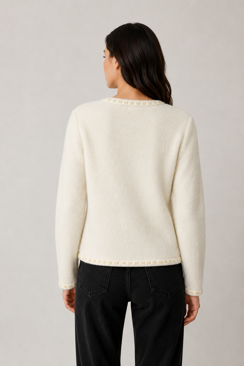 Cardigan in Maglia Arricciata · Bianco Luminoso con Profili Dorati