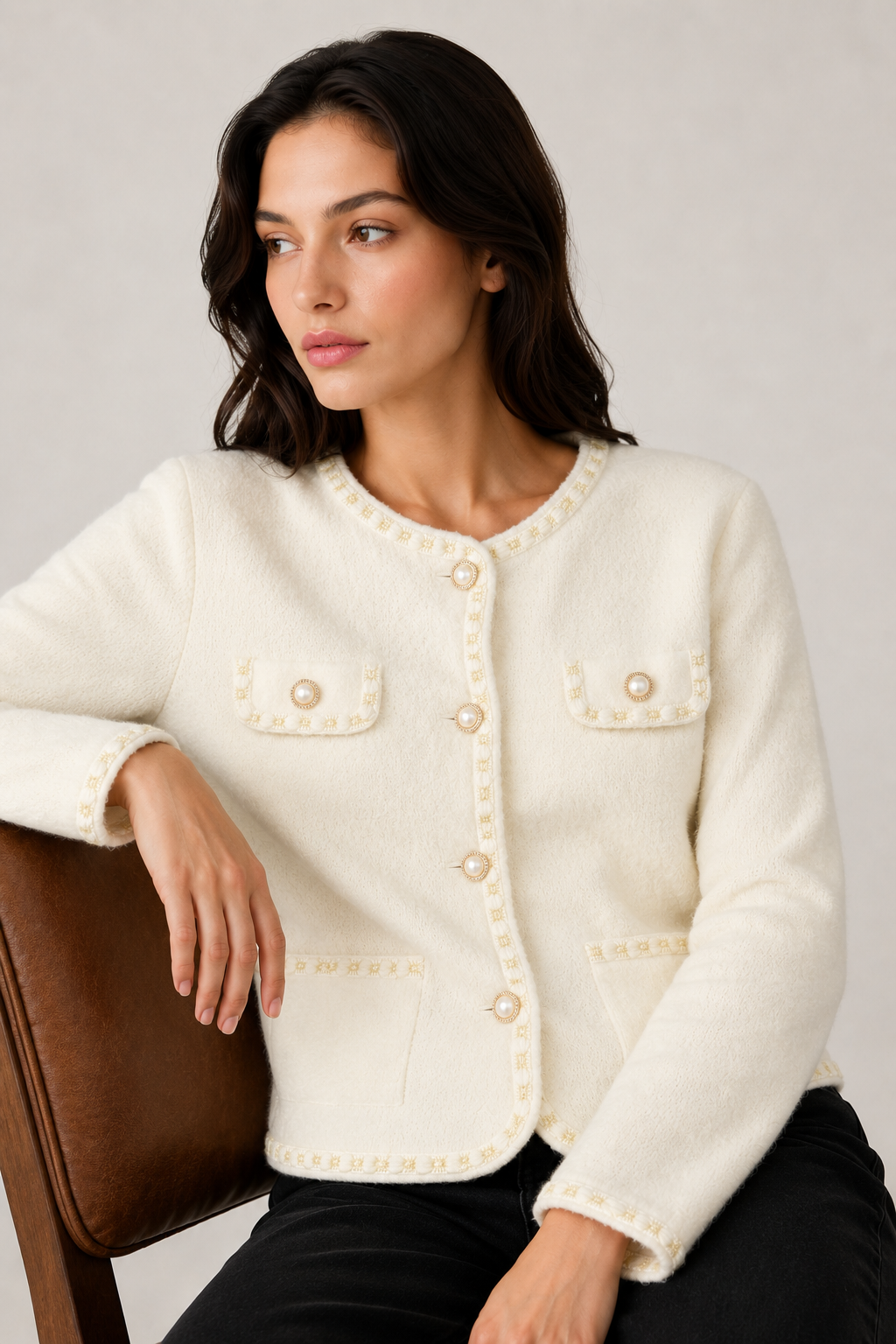 Cardigan in Maglia Arricciata · Bianco Luminoso con Profili Dorati