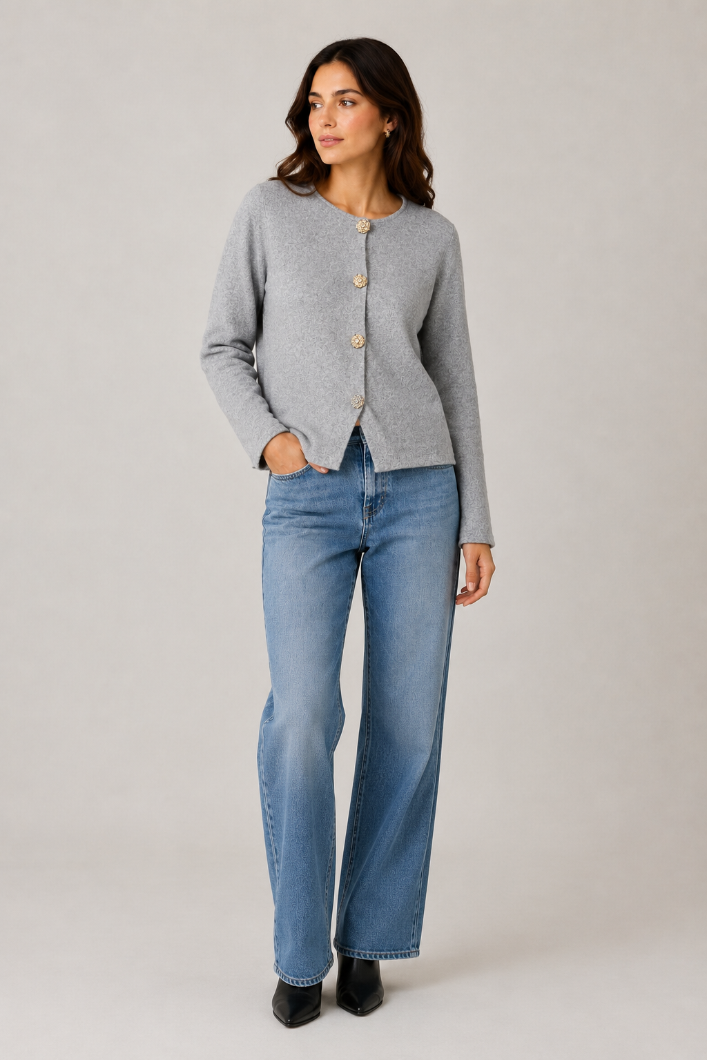 Cardigan in Maglia Morbida · Grigio Melànge con Bottoni Dorati
