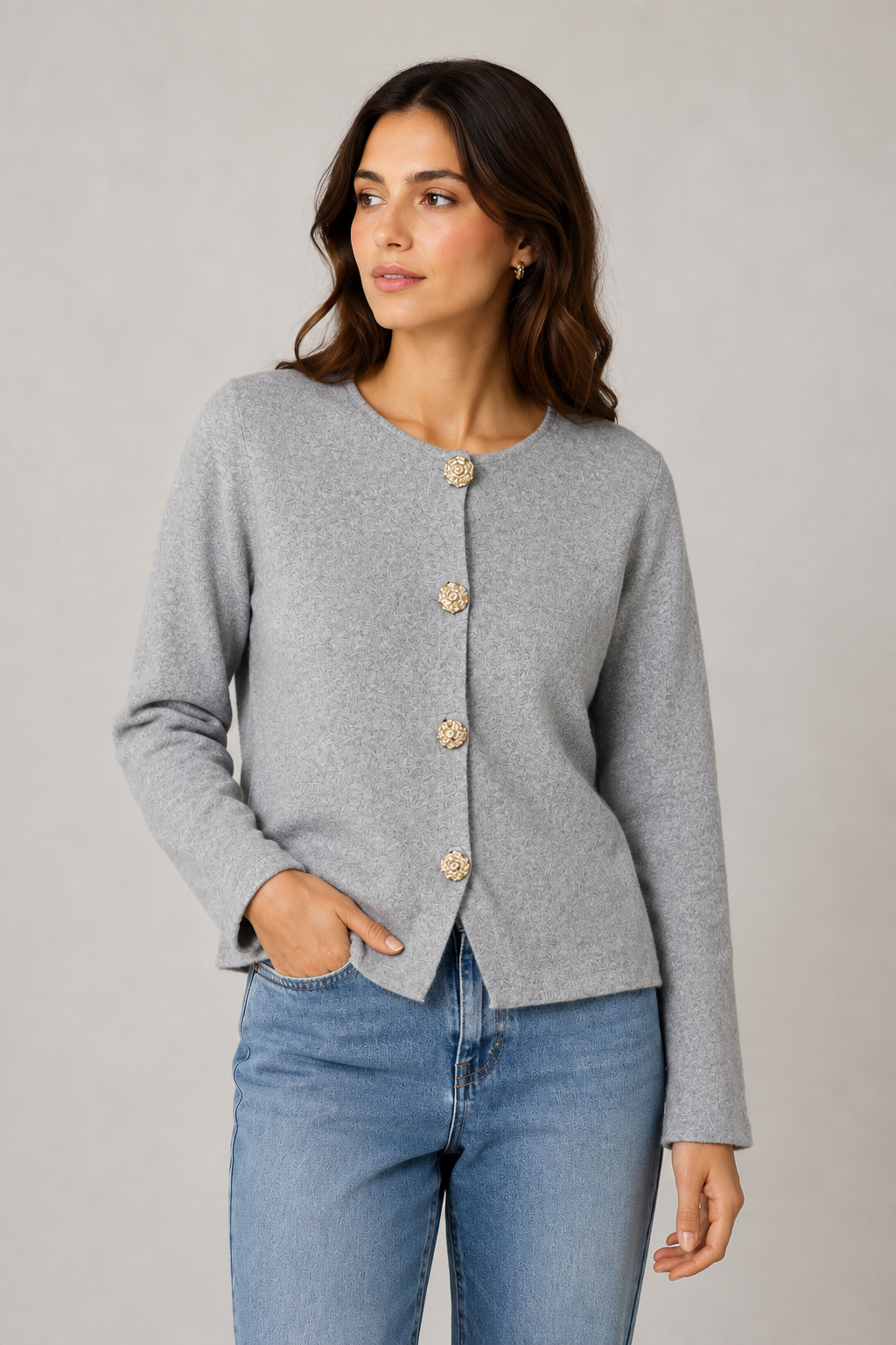 Cardigan in Maglia Morbida · Grigio Melànge con Bottoni Dorati