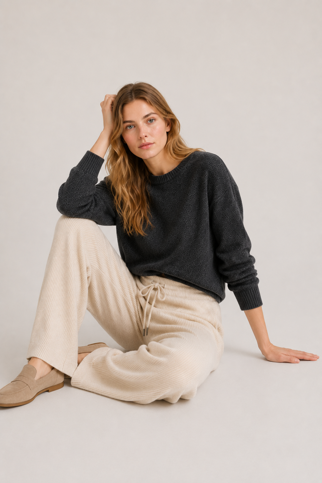 Pantaloni in Maglia Costina Avorio - Fit Morbido e Rilassato