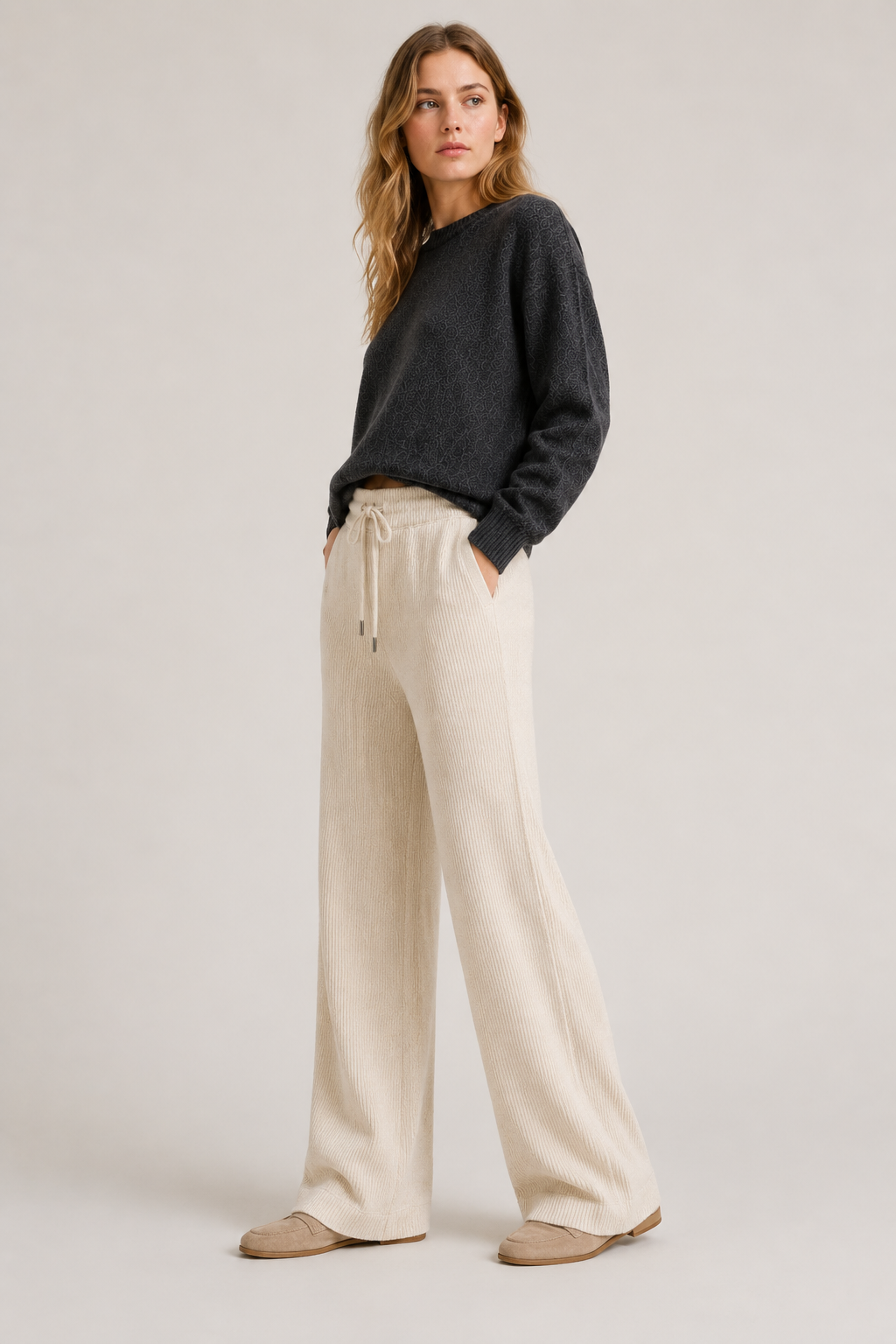 Pantaloni in Maglia Costina Avorio - Fit Morbido e Rilassato