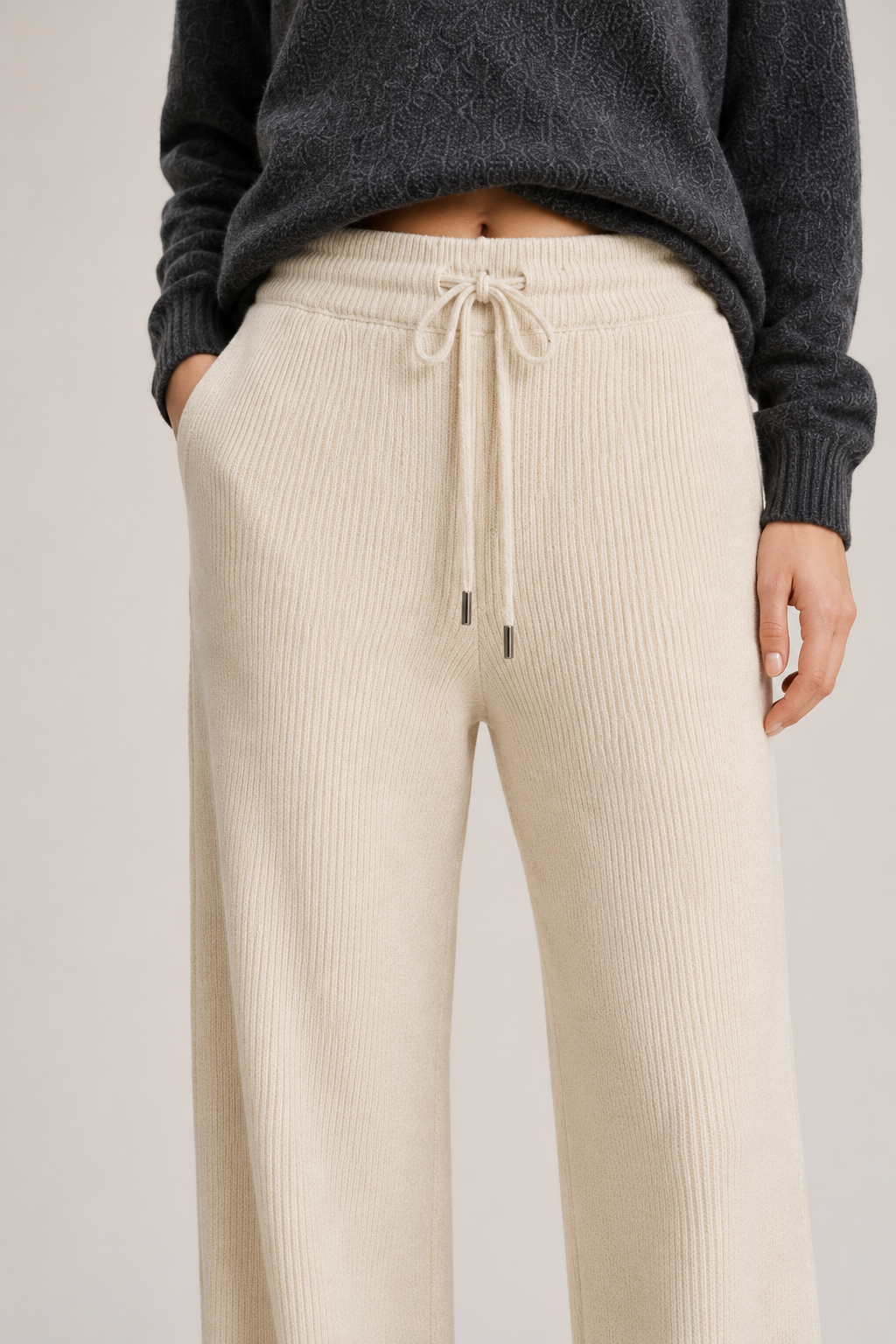 Pantaloni in Maglia Costina Avorio - Fit Morbido e Rilassato