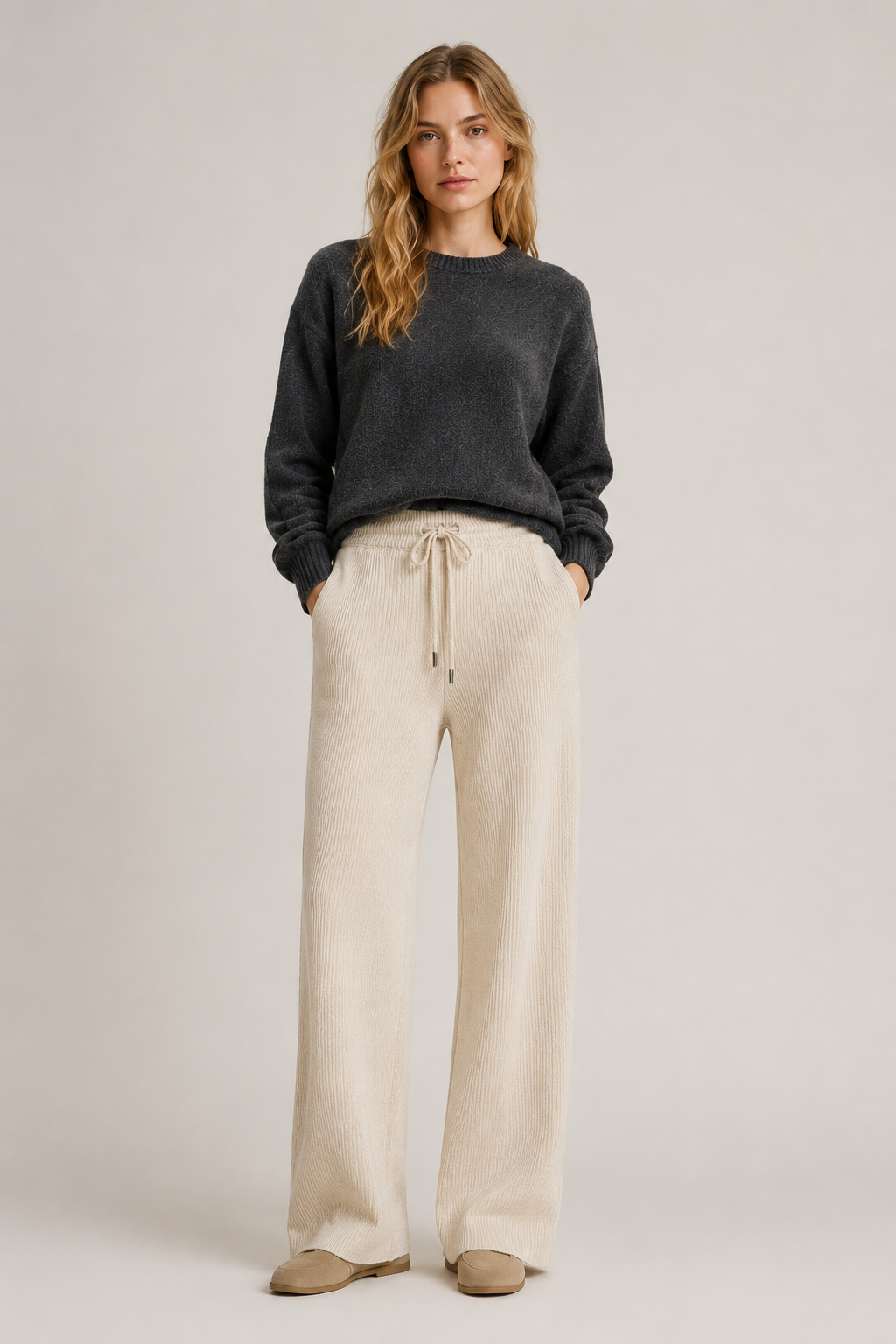 Pantaloni in Maglia Costina Avorio - Fit Morbido e Rilassato