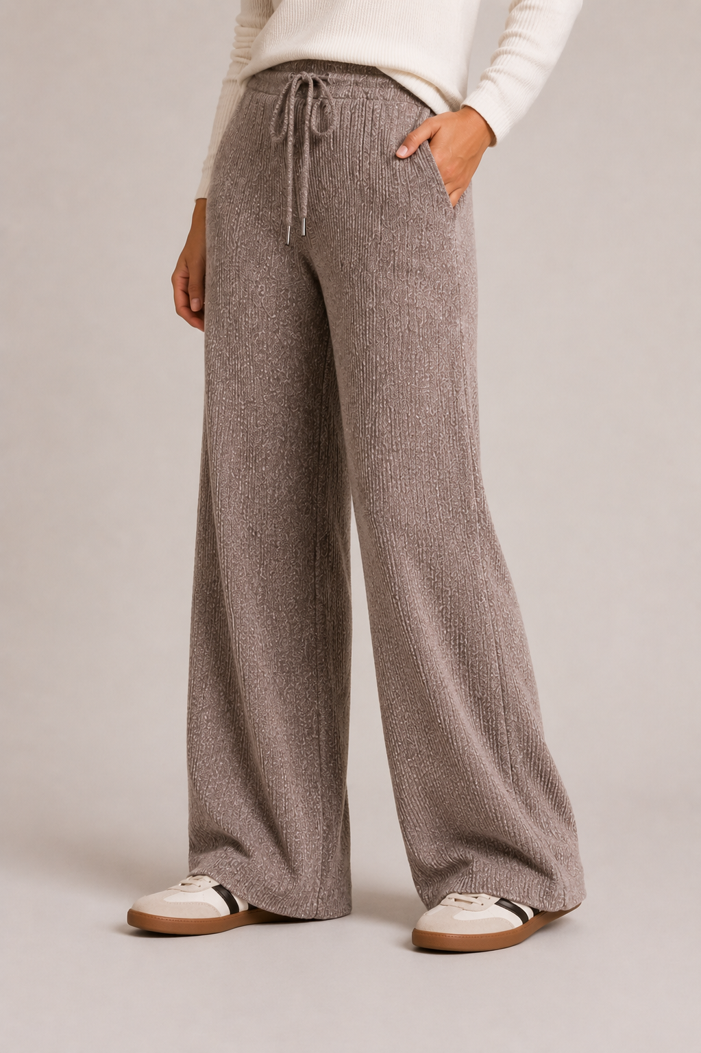 Pantaloni in Maglia Costina Tortora - Fit Morbido e Rilassato