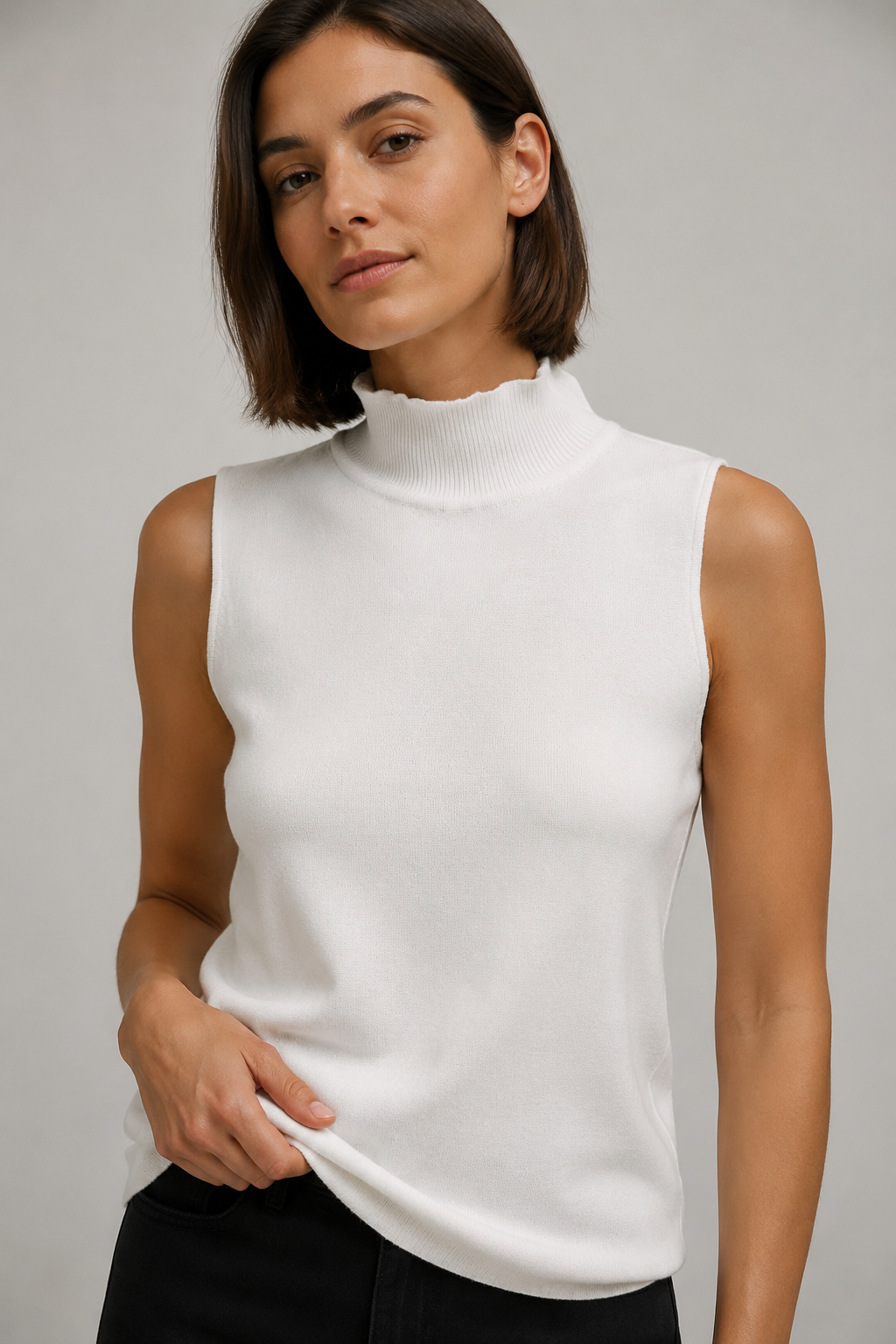 Top Senza Maniche in Maglia Fine Bianca con Collo Alto Arricciato
