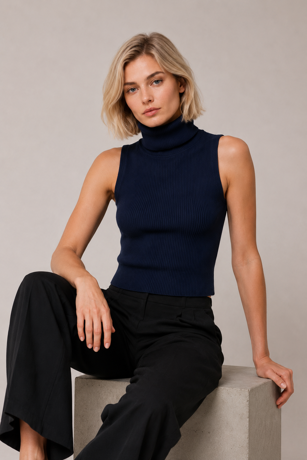 Top Senza Maniche a Collo Alto Blu Navy