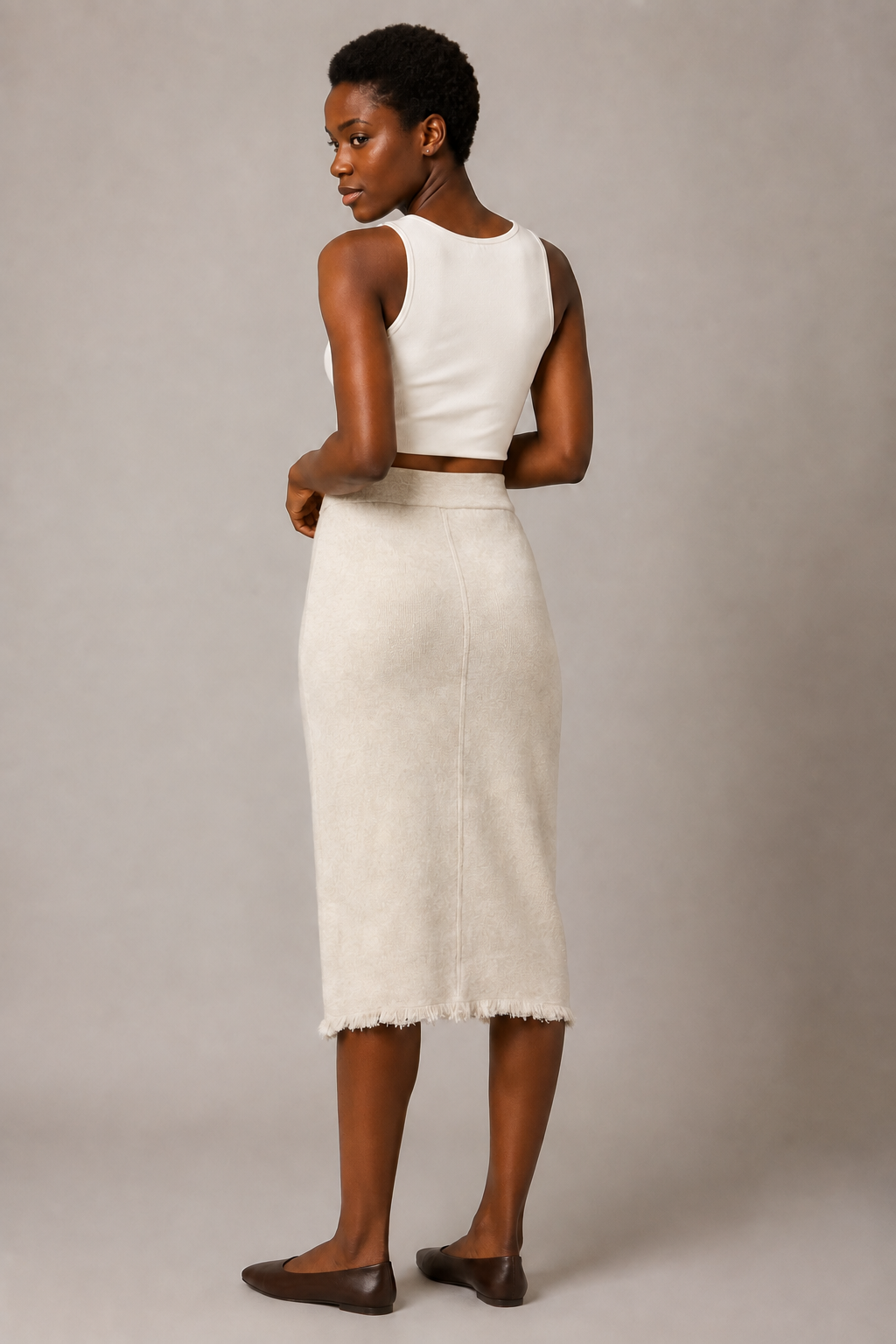Structured Fabric Midi Skirt · Ivory with Frayed Hem