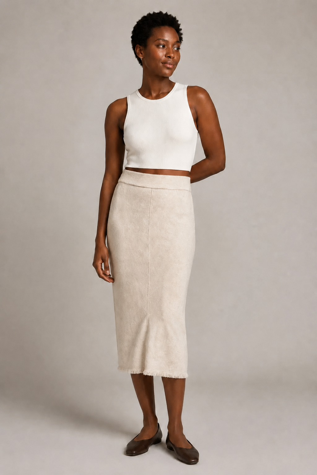Structured Fabric Midi Skirt · Ivory with Frayed Hem
