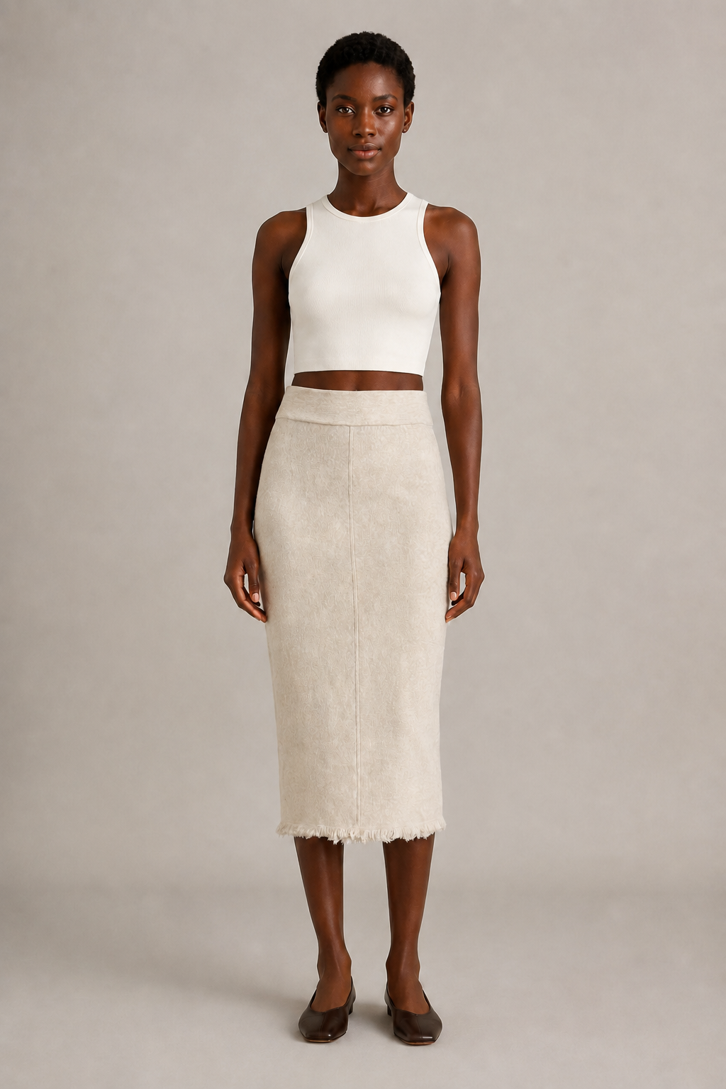 Structured Fabric Midi Skirt · Ivory with Frayed Hem