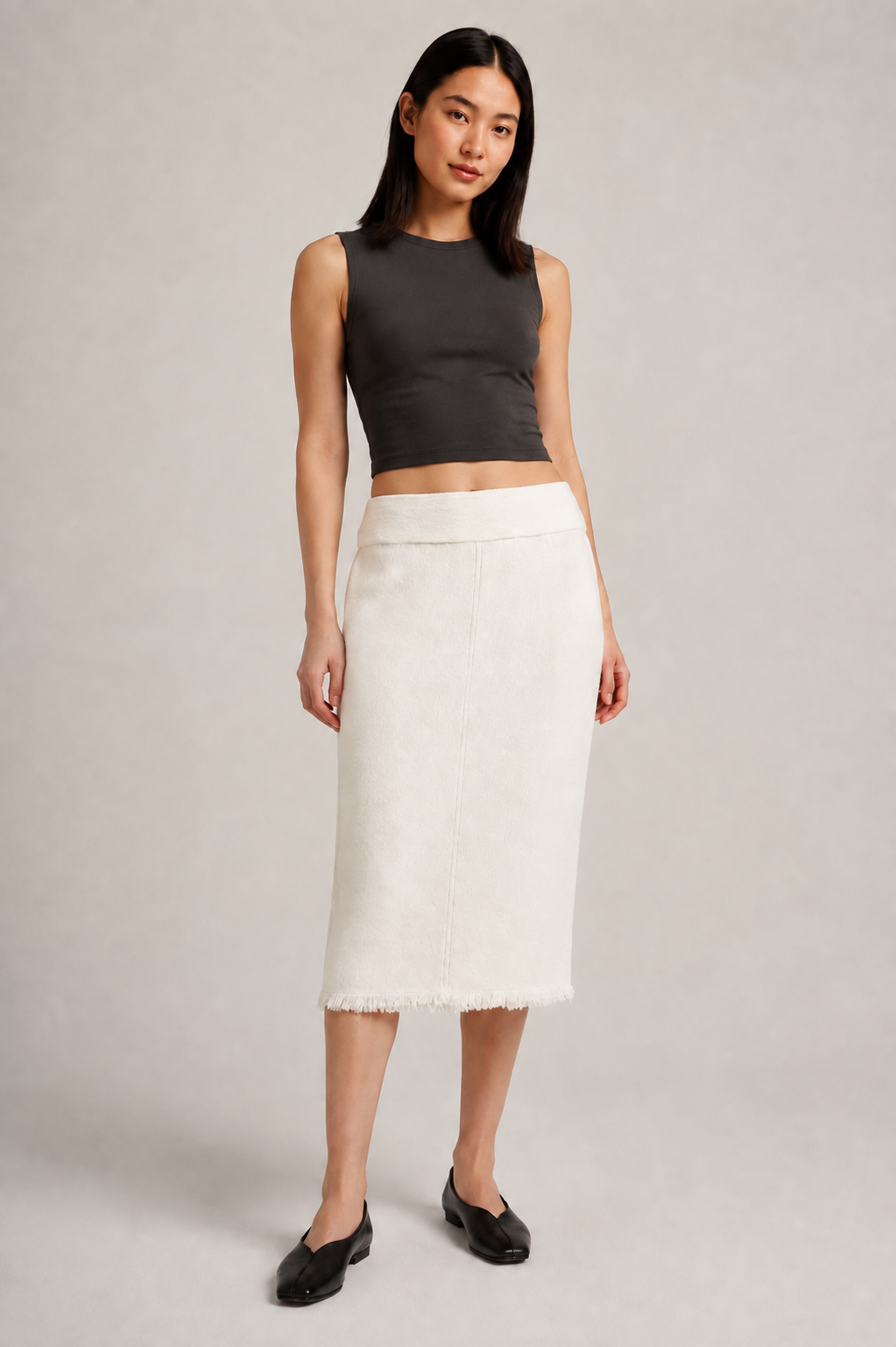 White Bouclé Midi Skirt with Fringed Hem