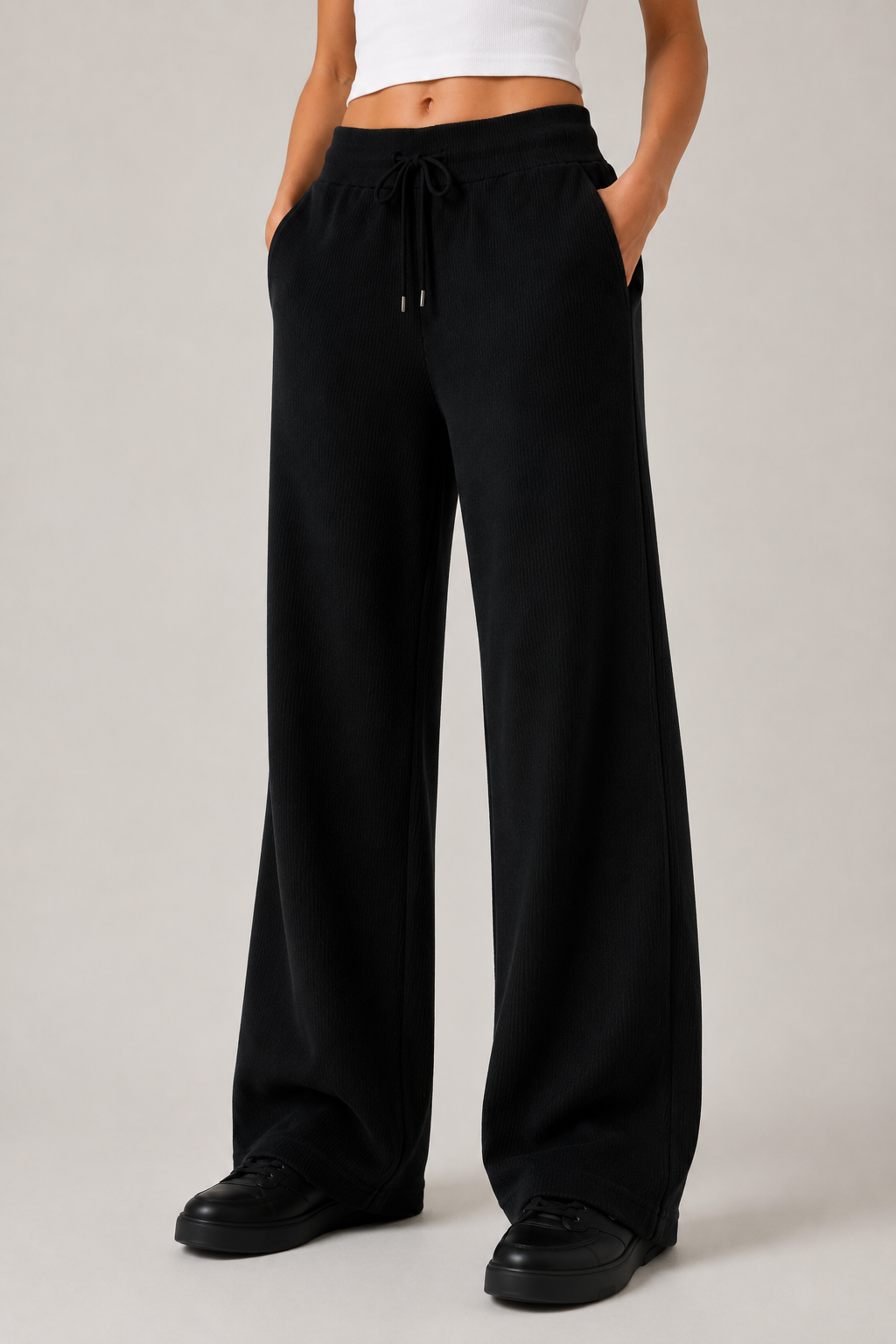 Pantaloni in Maglia Costina Nera - Fit Morbido e Rilassato