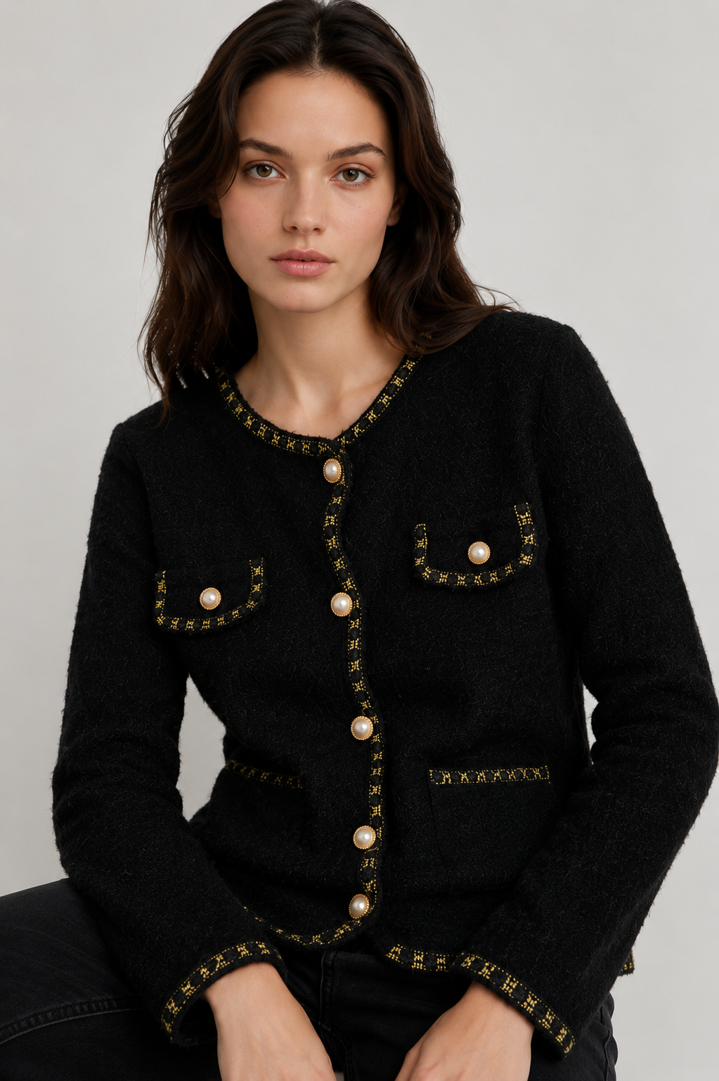 Cardigan in Maglia Arricciata · Nero con Profili Dorati